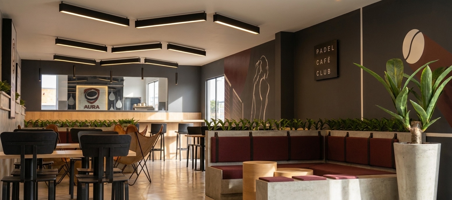 Salón de Padel Café Club con luminarias lineales, sillones bordó y vegetación