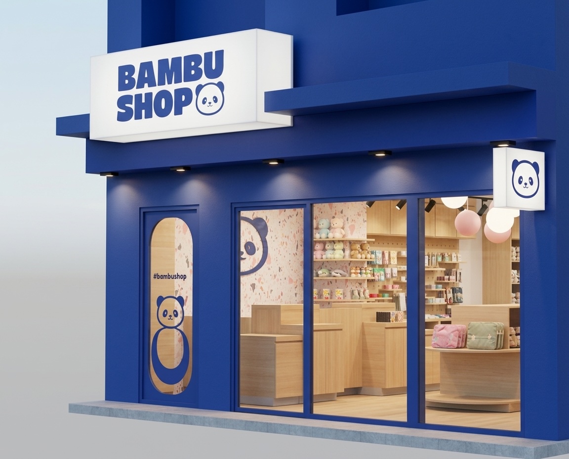 Render de la fachada azul de Bambu Shop con cartel luminoso