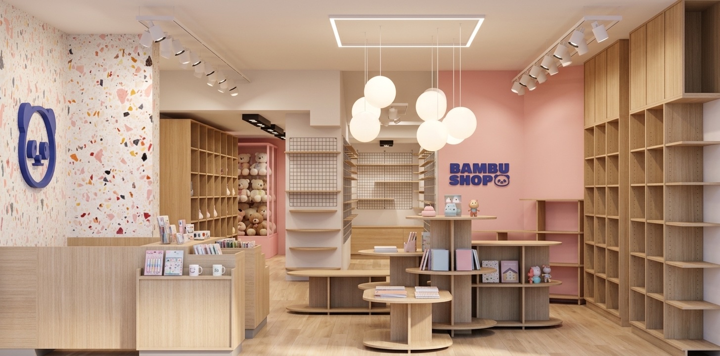 Render del interior de Bambu Shop con estanterías de madera, terrazo y lámparas esféricas
