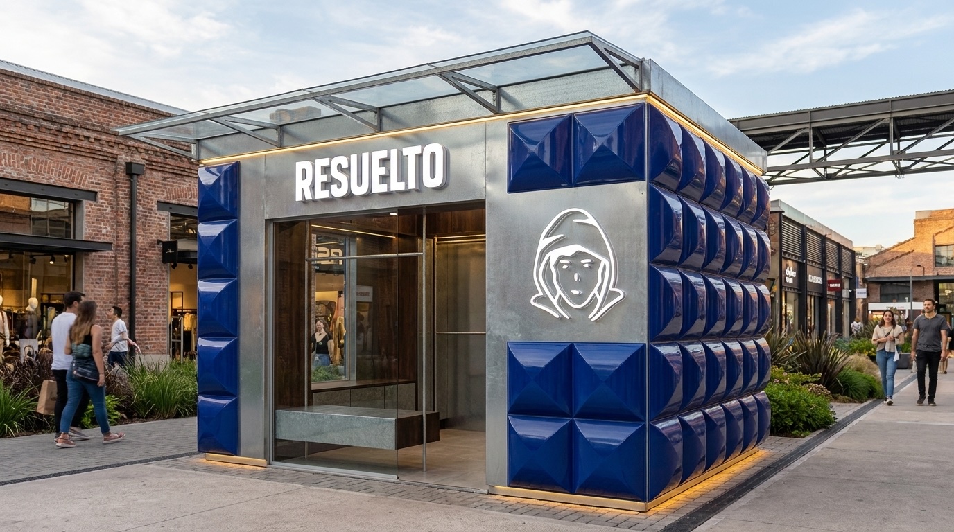 Render del local de Resuelto, un módulo revestido en azulejos azules en un centro comercial a cielo abierto