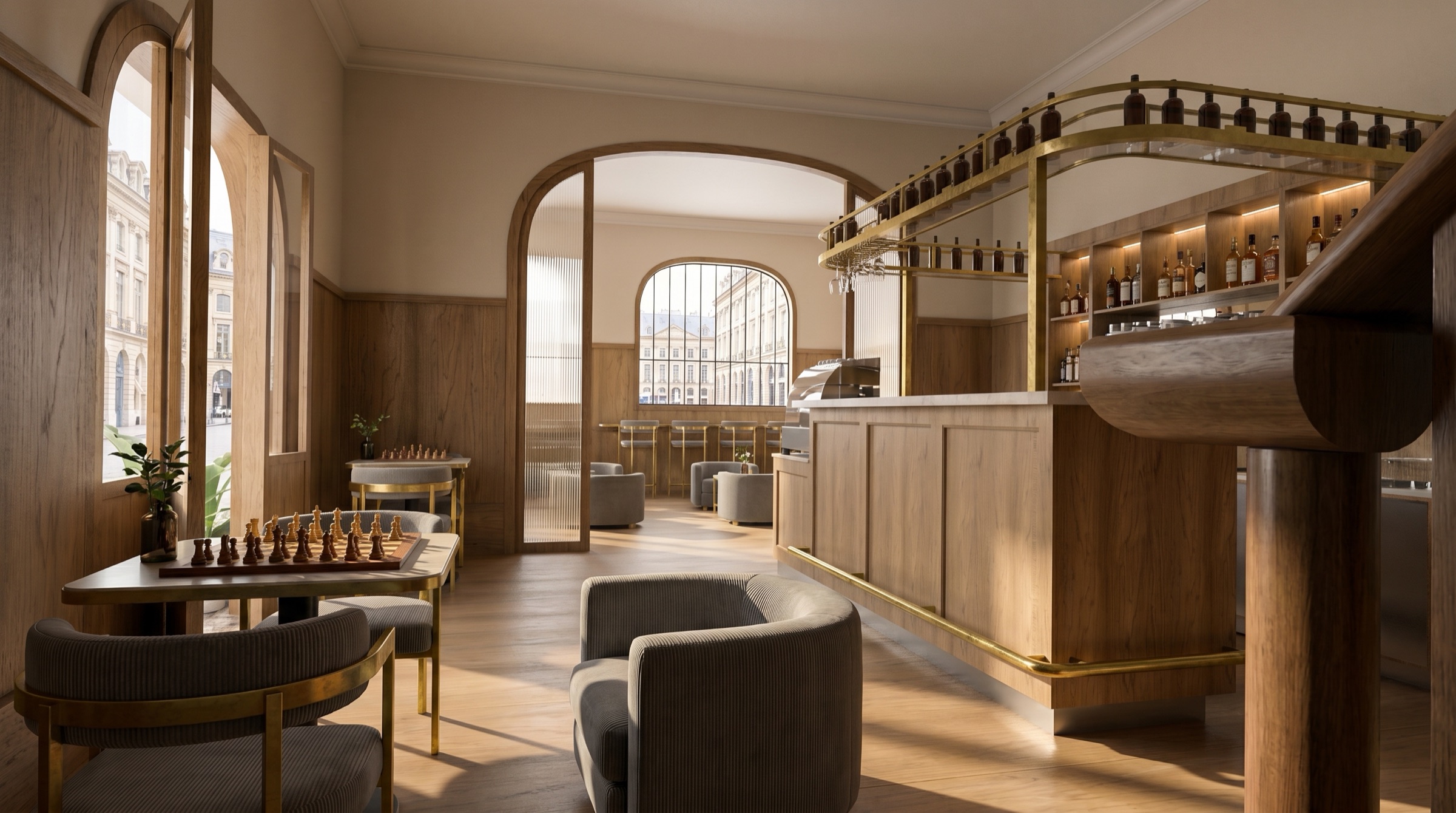 Render de cafetería con barra de madera y bronce, sillones y mesas de ajedrez