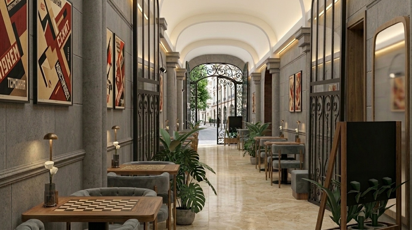 Render de cafetería en pasaje cubierto con mesas de ajedrez y vegetación