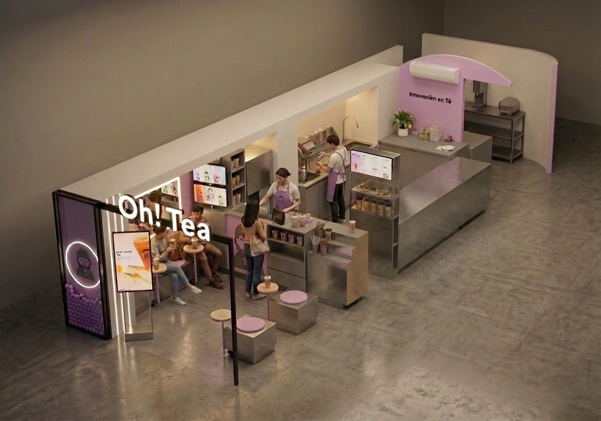 Render isométrico del local de Oh! Tea